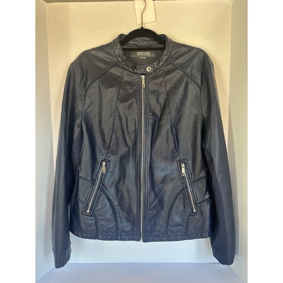 Kenneth Cole Reaction Navy Faux Leather Moto Jacket XL Stretch Designer - Picture 13 of 16
